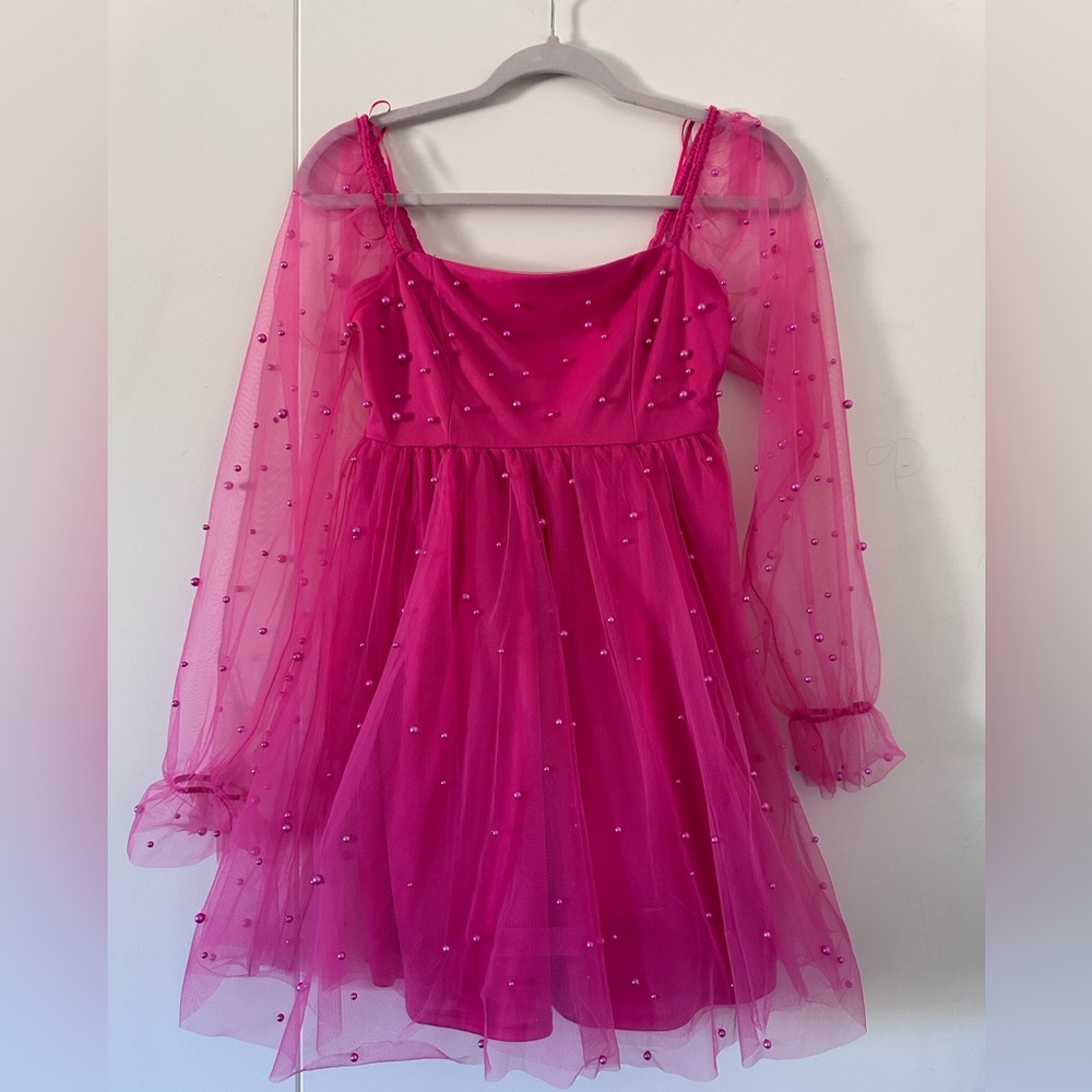 Pink Tulle Dress with Sheer Sleeves